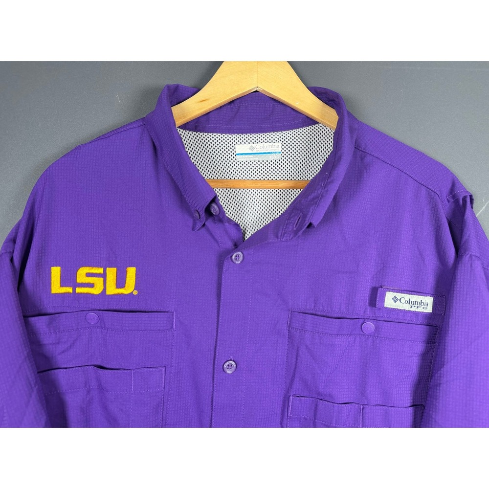 Columbia PFG LSU Tigers Mens XL Purple Short Sleeve Fishing Shirt Omni-Shade